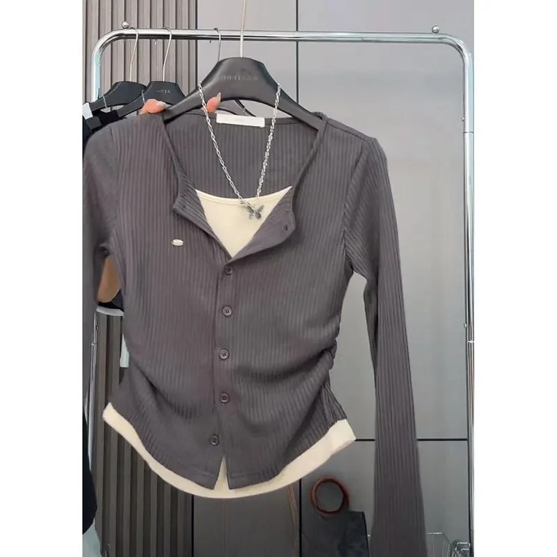 Primavera Otoño Invierno ropa interior estilo Casual fibra de poliéster longitud corta Slim Fit cuello pico manga larga Base camisa camiseta de mujer