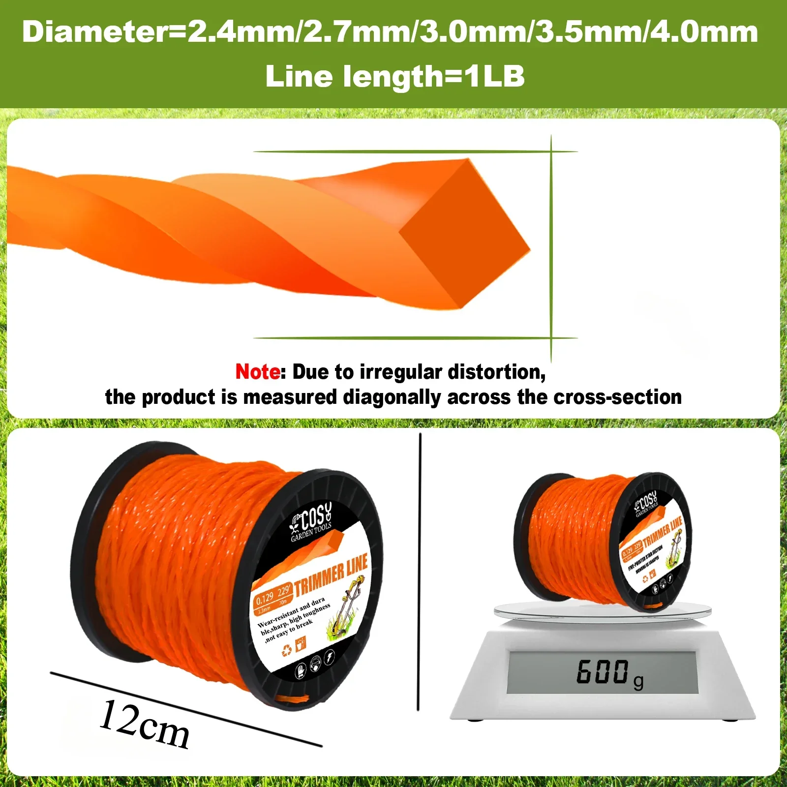 1LB * 2,0/2,4/2,7/3,3/4,0mm línea de cortacésped de corte de hierba en espiral cable de relleno de grafito cuerda de nailon cortacésped línea de forma trenzada naranja