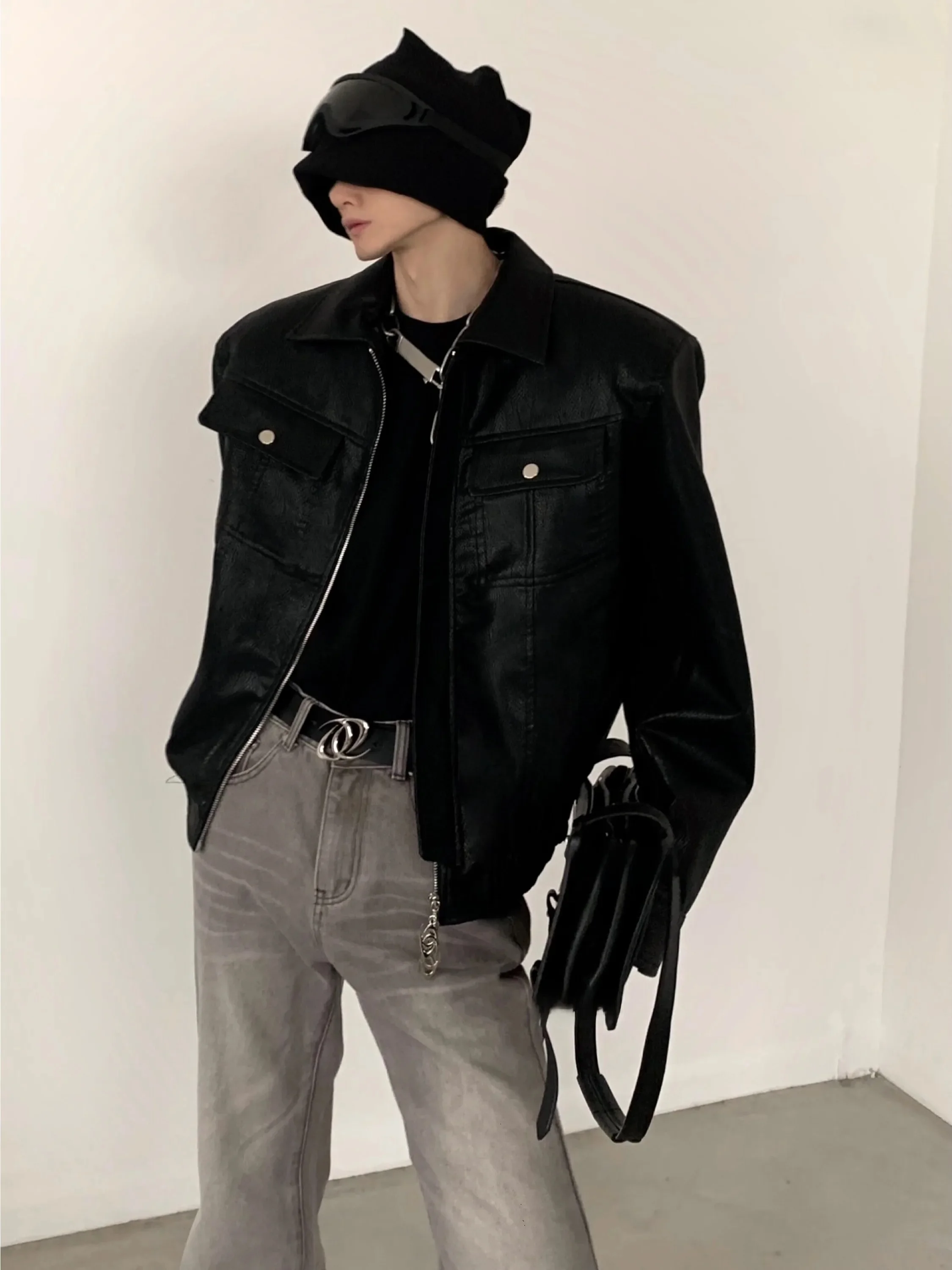 Autumn Mountain Wind Original Metal Design Men's Short Jacket Shoulder Padded High Street Style Leather Coat Spring Youth Cas...