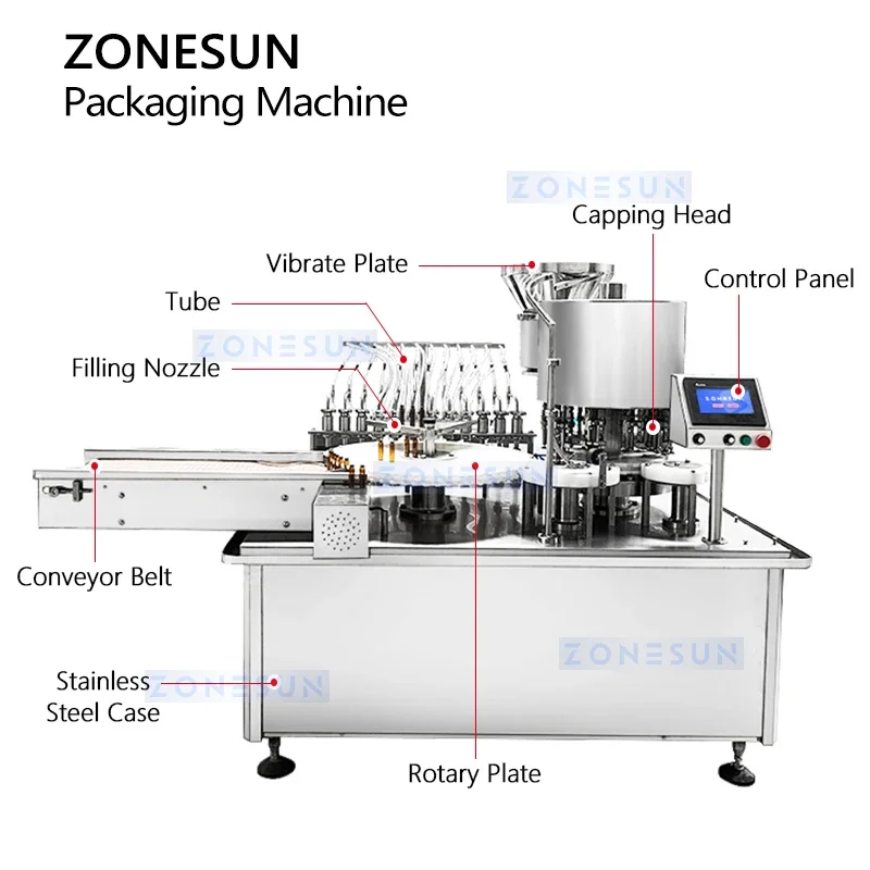 ZONESUN آلة تعبئة وختم القارورة الأوتوماتيكية زجاجات أمبولة حلول الفم معدات التعبئة والتغليف ZS-AFC12P