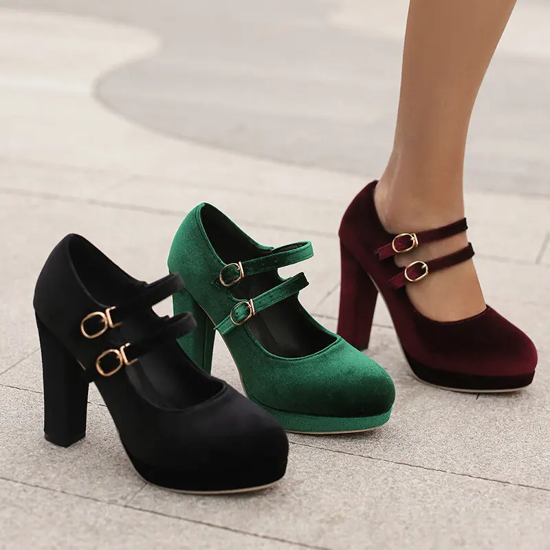 Velour Velvet Round Toe Green Burgundy Color Double Buckle Belt Block High Heels Women Pumps Platform Retro Lady Mary Janes Shoe