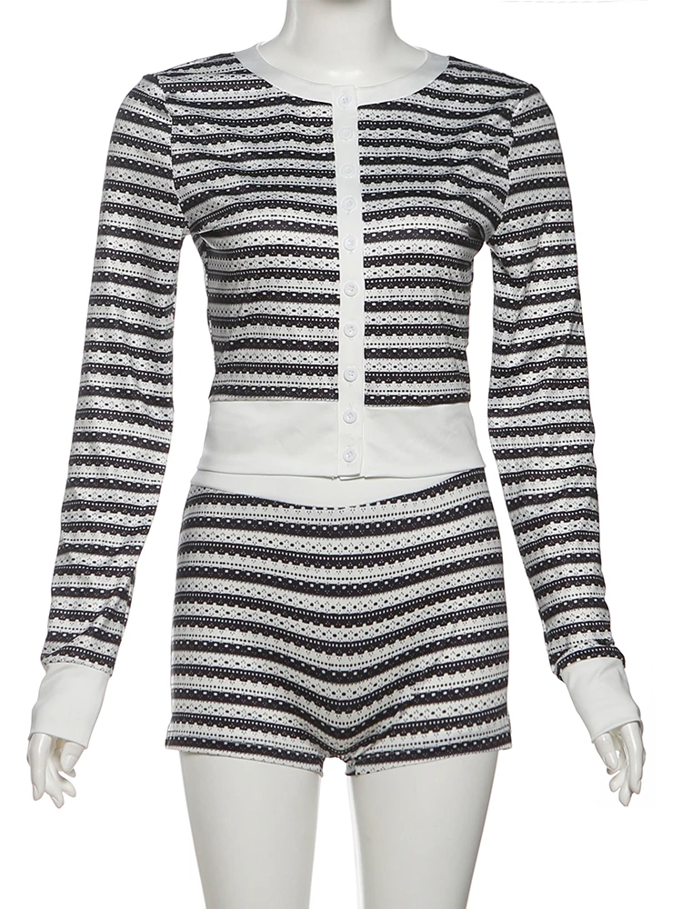 Sisterlinda Single-Breasted 2-delige set Dames Gestreept Patchwork O-hals Crop Tops met volledige mouw + elastische taille Shorts Casual pakken