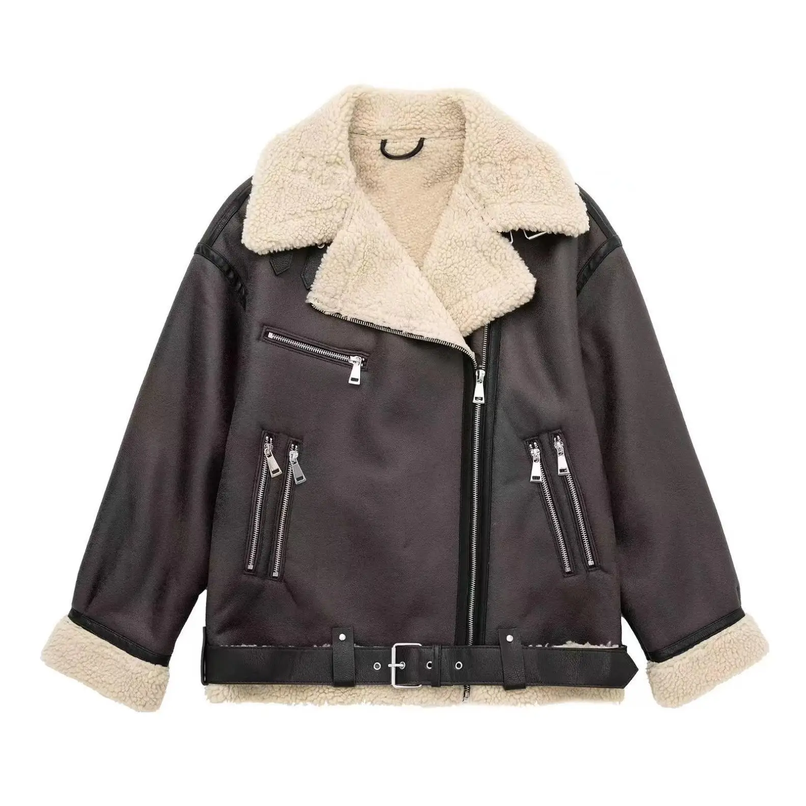 Belted Zipper Composite Jacket Thickened Windproof and Waterproof  with Integrated Leather and Fur Coat