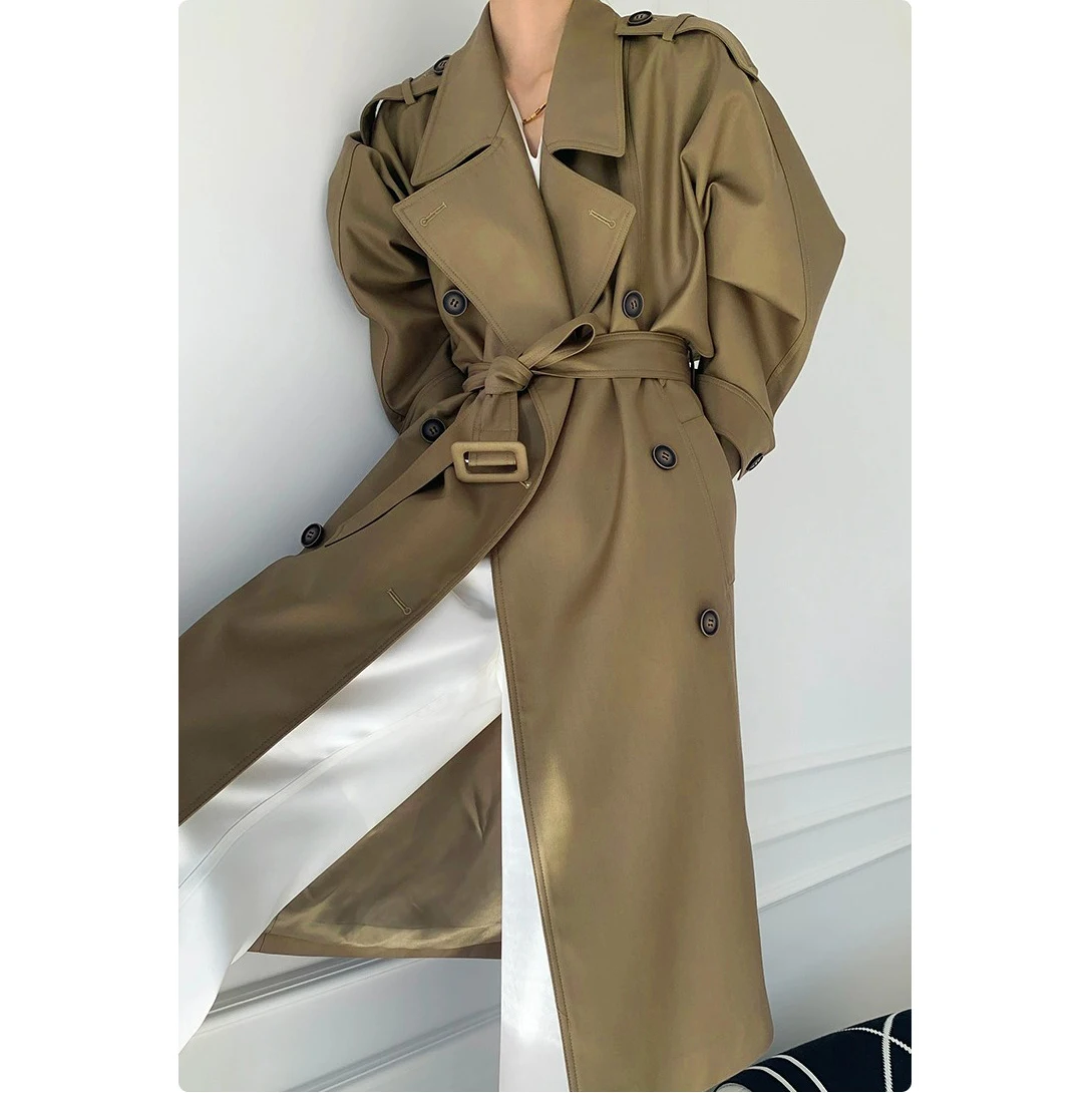 

Retro British Style Double Breasted Mid Length Trench Coat for Women Spring and Autumn New Flip Collar Lace up Windbreaker