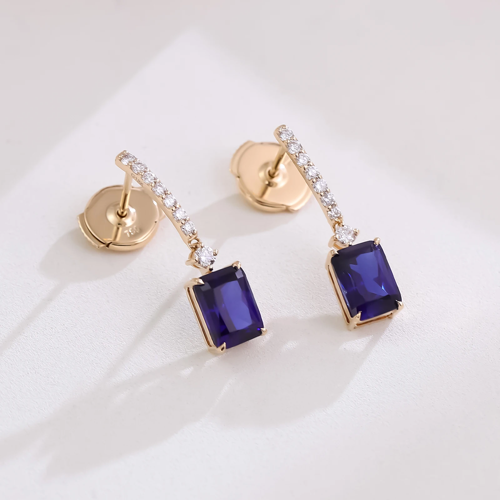 

Provence 18K Yellow Gold Lab Grown Royal Blue Gemstone Dangle Earrings With Pave DEF VVS Moissanite Party Jewelry for Women