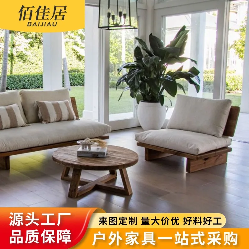 Outdoor Teak Wood Sofa Set Chinese-Style Hotel Courtyard Garden Furniture Single Double Triple Seater Fabric Living Room