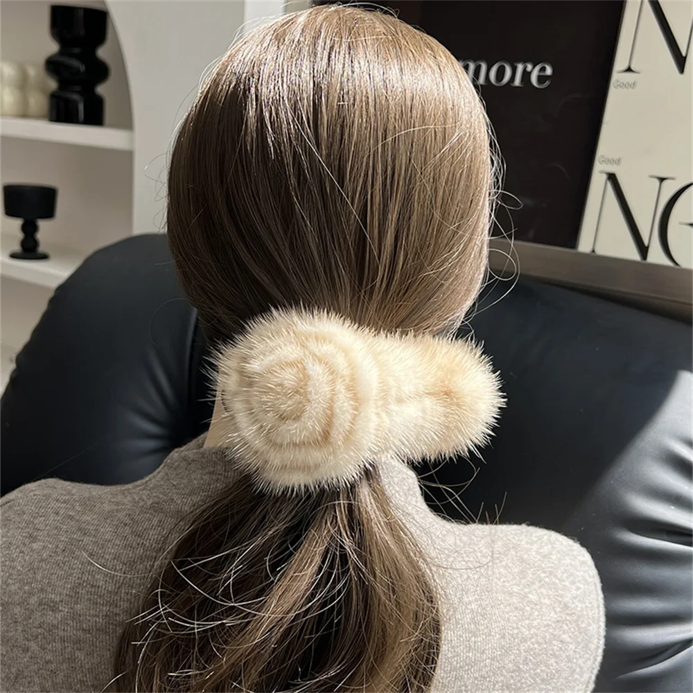 16cm Real Mink Fur Hair Clip Large Size Hairpin Barrettes For Women Girls Ponytail Temperament Clamps Hair Accessories