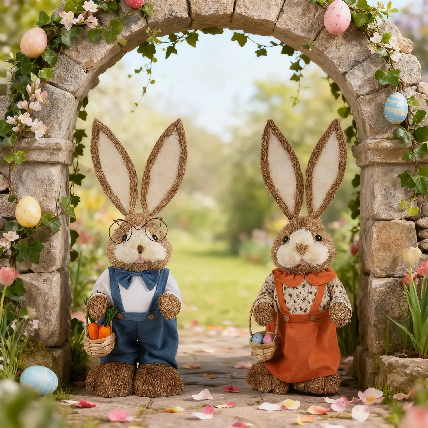 46cm Straw Woven Bunny Figurine with Rustic Decor, Easter Rabbit Ornament Centerpiece for Home Garden Gift Giving
