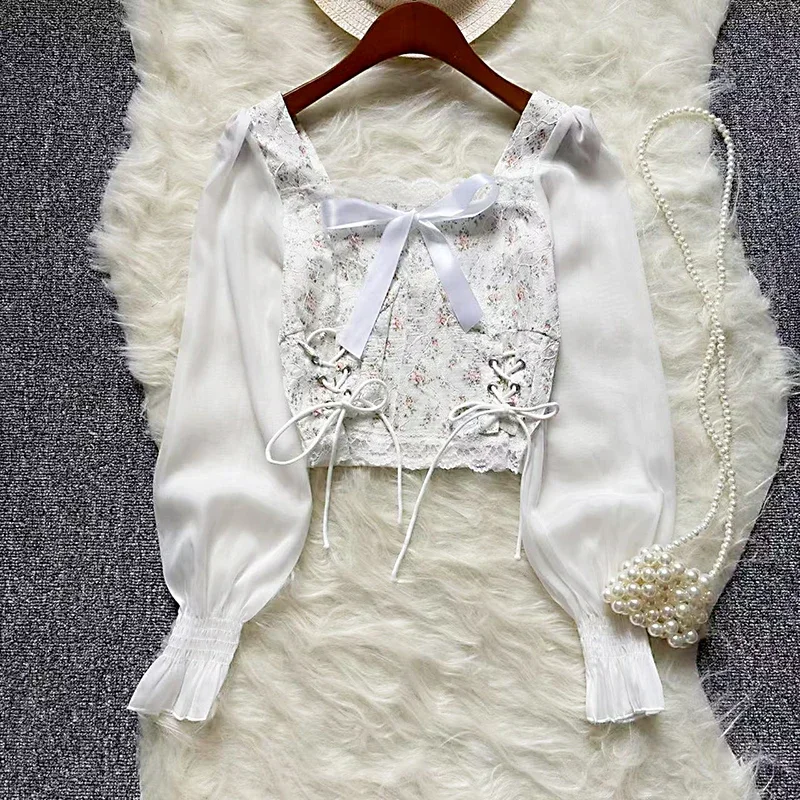 

2025 New Ins Fashion Floral Print Mesh Patchwork Blouses Shirts Autumn Women Vintage Bandage Slim Waist Gothic Lace Tops Blusas