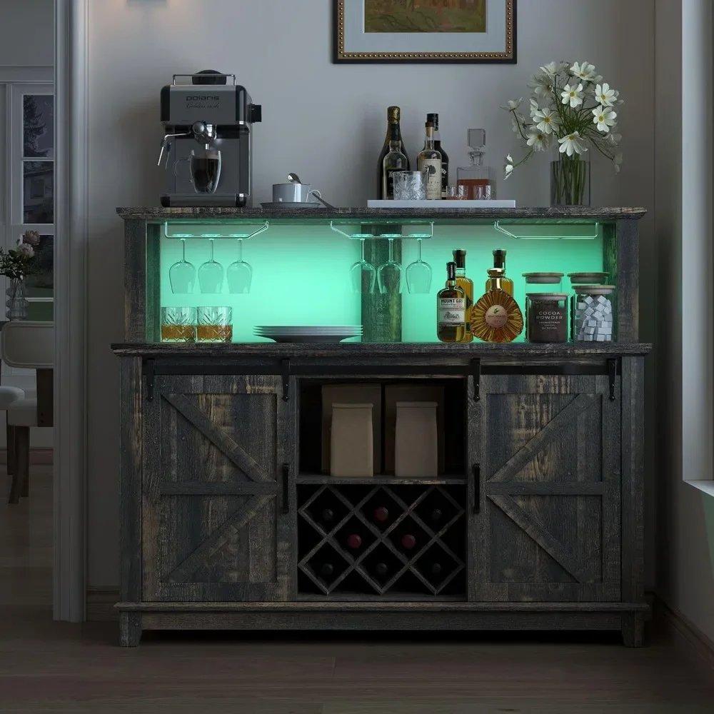 

Farmhouse Buffet Wine Cabinet with LED Lights, 55" Coffee Bar with 2-Tier Storage, Glass Holders, 8 Wine Racks