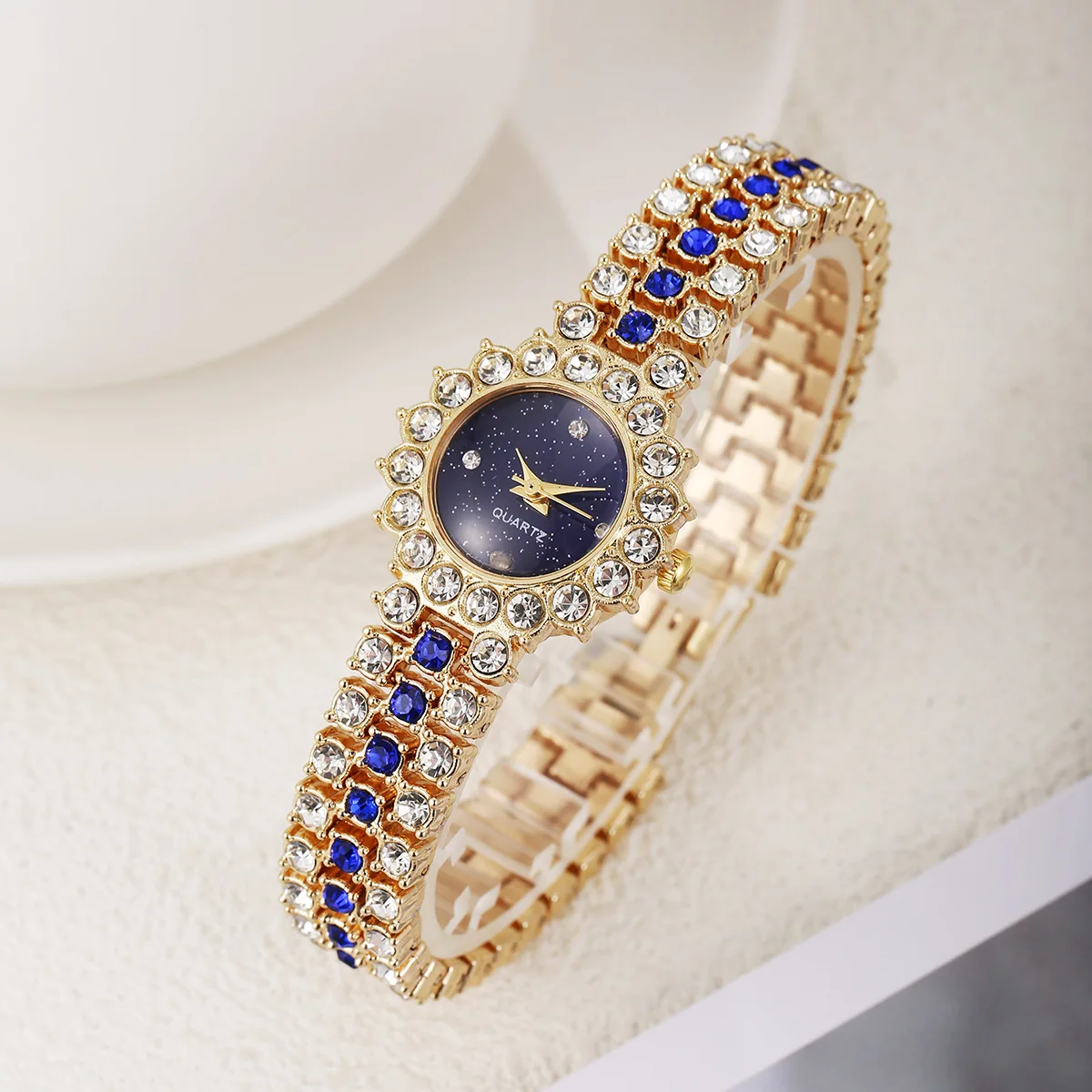 1/4pcs Set Women Watches Heart Rhinestone Ring Necklace Earring Jewelry Set Luxury Small Flowers Dial Wristwatch Jewelry Gift