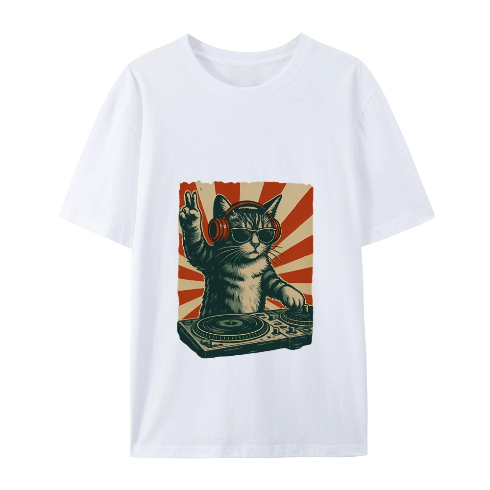 

Short - Sleeve Tee: Cool Dj Cat Graphic, Retro Vibe, Fun Music - Themed Shirt Comfortable and Casual Simple Short Sleeve