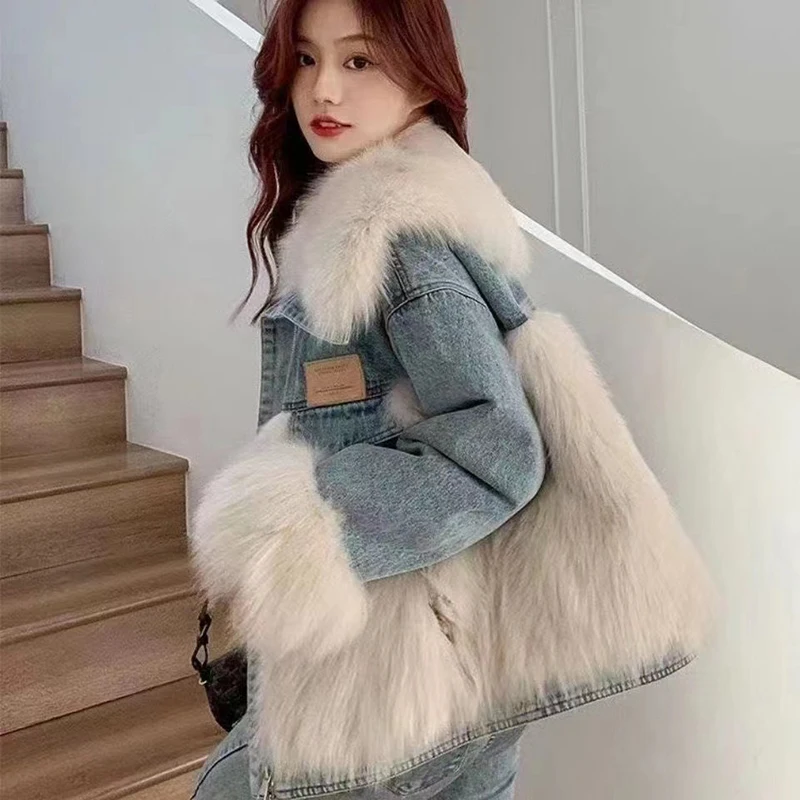 2024 Winter Warm Loose Denim Jacket Women Oversized Fur Collar Plus Velvet Padded Jacket Vintage Cotton Thick Warm Jean Outwear