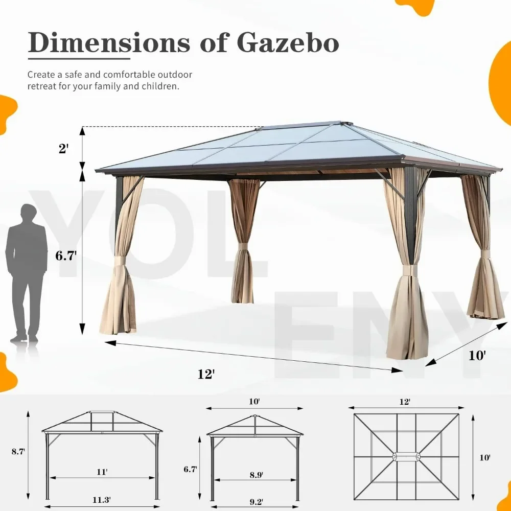 10'x12' Hardtop Gazebo, Outdoor Polycarbonate Roof Canopy, Aluminum Frame Permanent Pavilion with Curtains and Netting, Sunshade