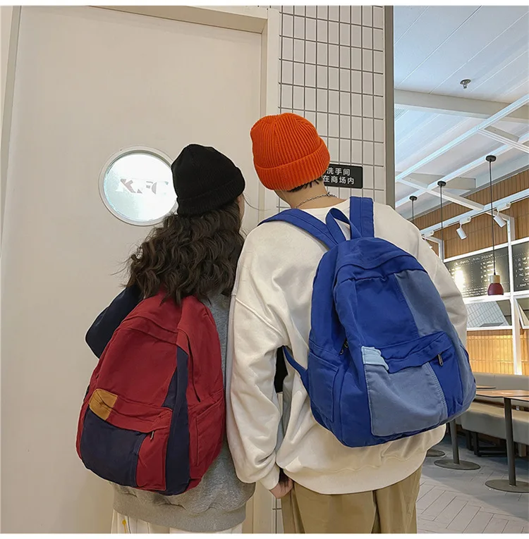 Contrast Color Block Canvas Backpack Large Capacity Casual School Travel Rucksack for Student Daily Use