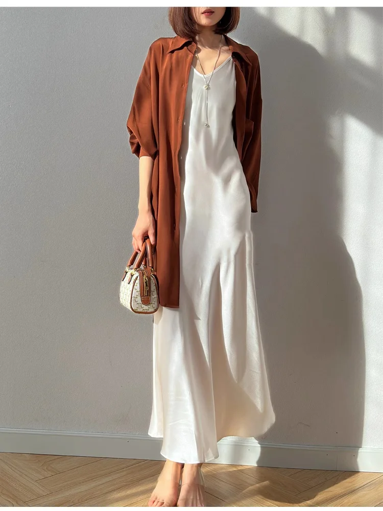 Birdtree 여름 21MM 100% 멀 베리 실크 드레스, 여성 일반 새틴 민소매 v 넥 바이어스 컷 솔리드 컬러 스커트, 2025 New D56425JF