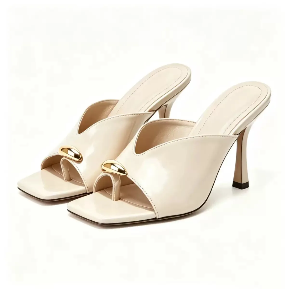 Women Metallic Square Toe Thong Mule Sandals Backless Thin High Heel Slip‑On Glamorous Luxury Fashion Party Summer PU Shoes F532