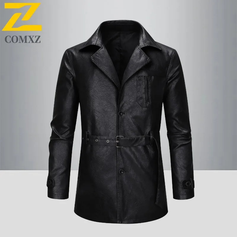 COMXZ Male Leather Jacket Luxury Elegant Slim Working Leather Trench Coat Fashion Single Breasted New Windproof Long Outerwear​