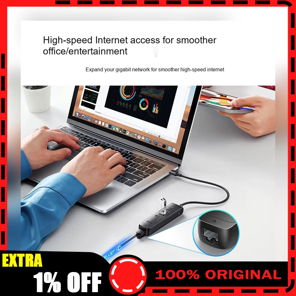UGREEN 50624 CM530 USB 3.0 Hub with Gigabit Ethernet Adapter 3-Port USB Splitter RJ45 Wired Network Adapter Black