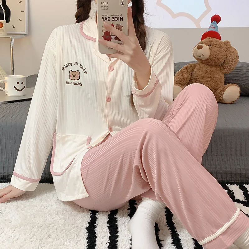 

New Women's Sweet Cartoon Embroidered Loungewear Bear Girl Sweet Fall Long-sleeved Pants Cardigan Milk Silk Pit Stripes Suit Ms