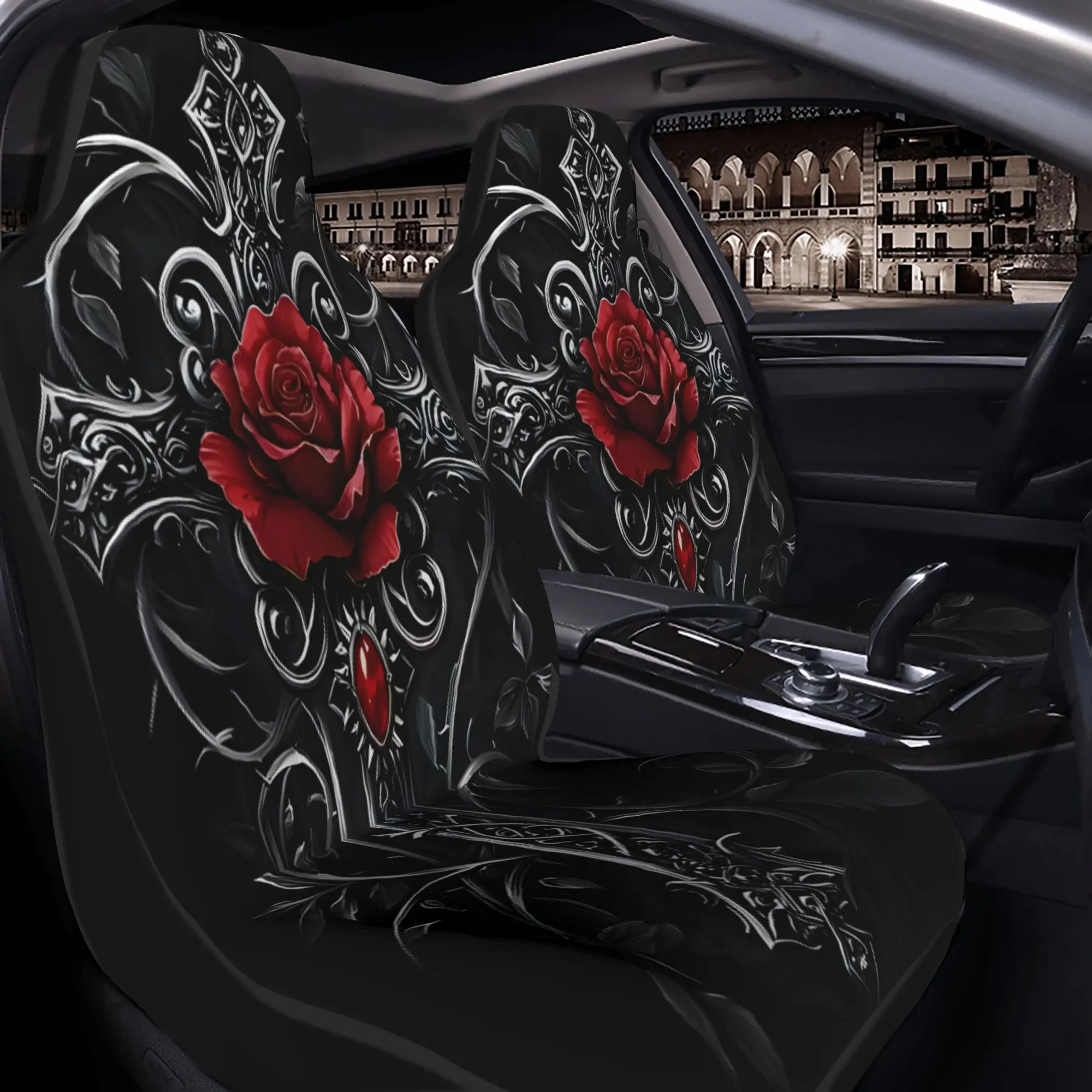 2pcs Gothic Cross Adorned With Red Rose And Intricate Silvery VinesCar Seat Covers, Suitable For All Vehicles, Christmas Gifts A