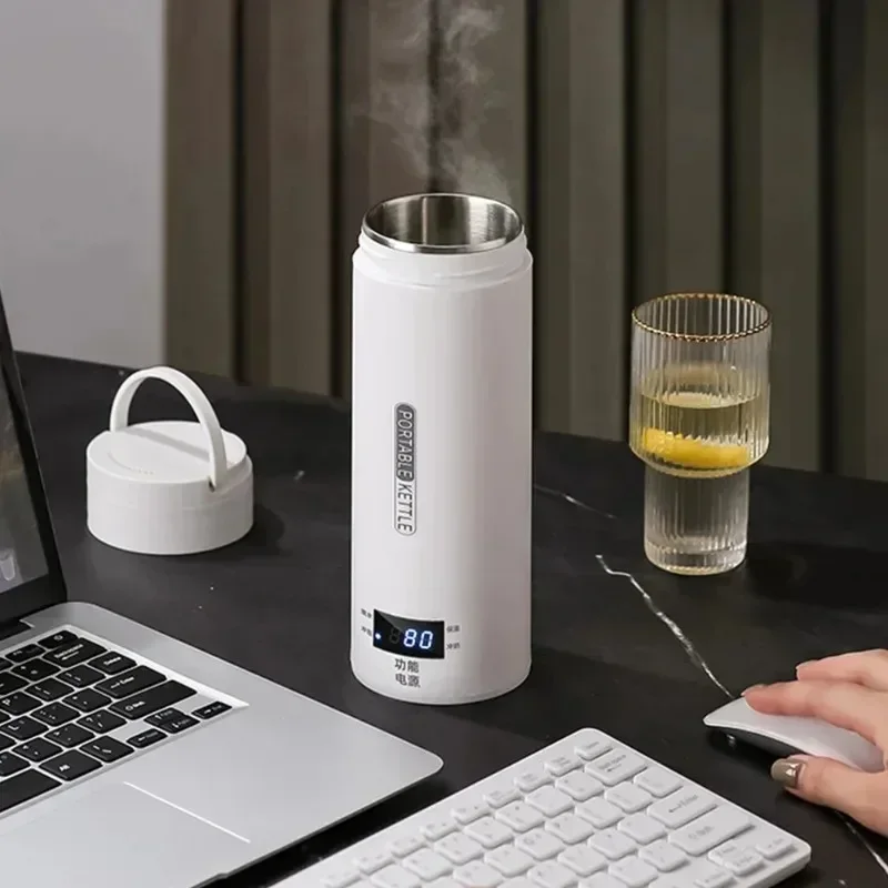 500ML 전기 주전자 휴대용 차 커피 주전자 여행 끓인 물 열 컵 Anti-Scald 물병 영어 메뉴