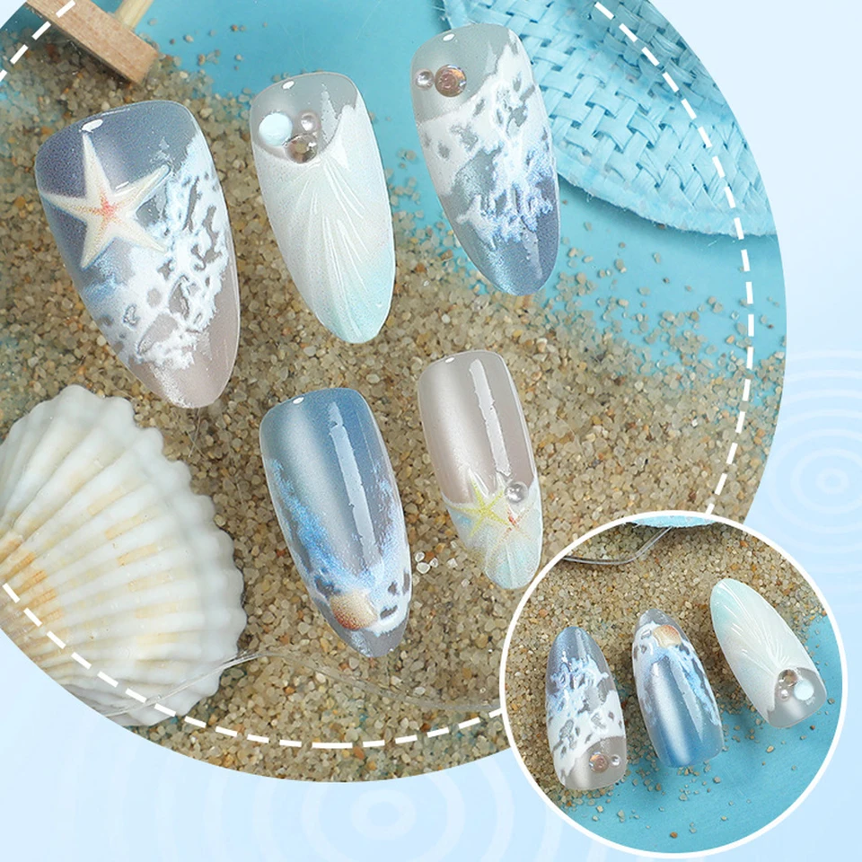 10 uñas press-on con ola oceánica 3D, azul y nude playa, con concha y estrella de mar, brillantina, para verano 4