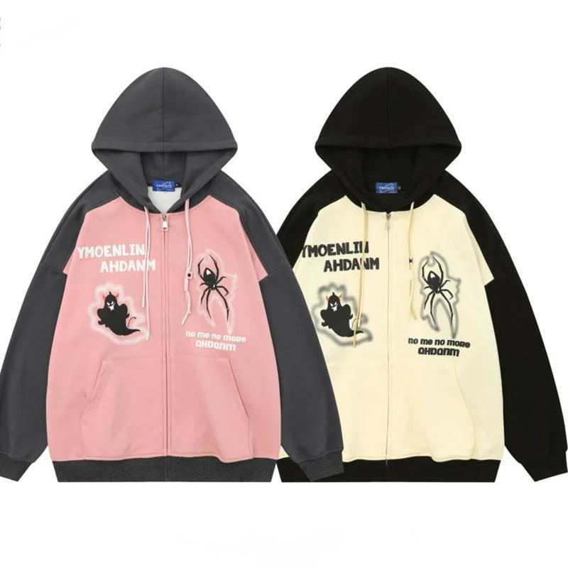 

Y2k New Spider Pink Hoodie Zip Up Sweater Winter Oversize Sweatshirt Vintage Clothes Loose Fashion Long Sleeve Top Couple Coat