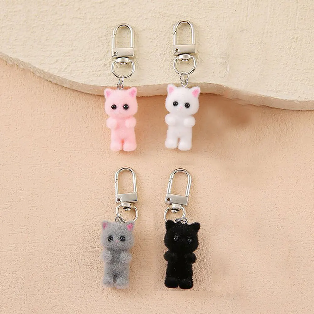 4 Stück/Packung Niedlicher Katzen-Schlüsselanhänger mit Flockdruck, 3D-Tier-Schlüsselanhänger, Liebes-Handyanhänger, Kopfhörer-Charm, Taschendekoration, Auto-Schlüsselring, Schmuckgeschenk – Detail 7