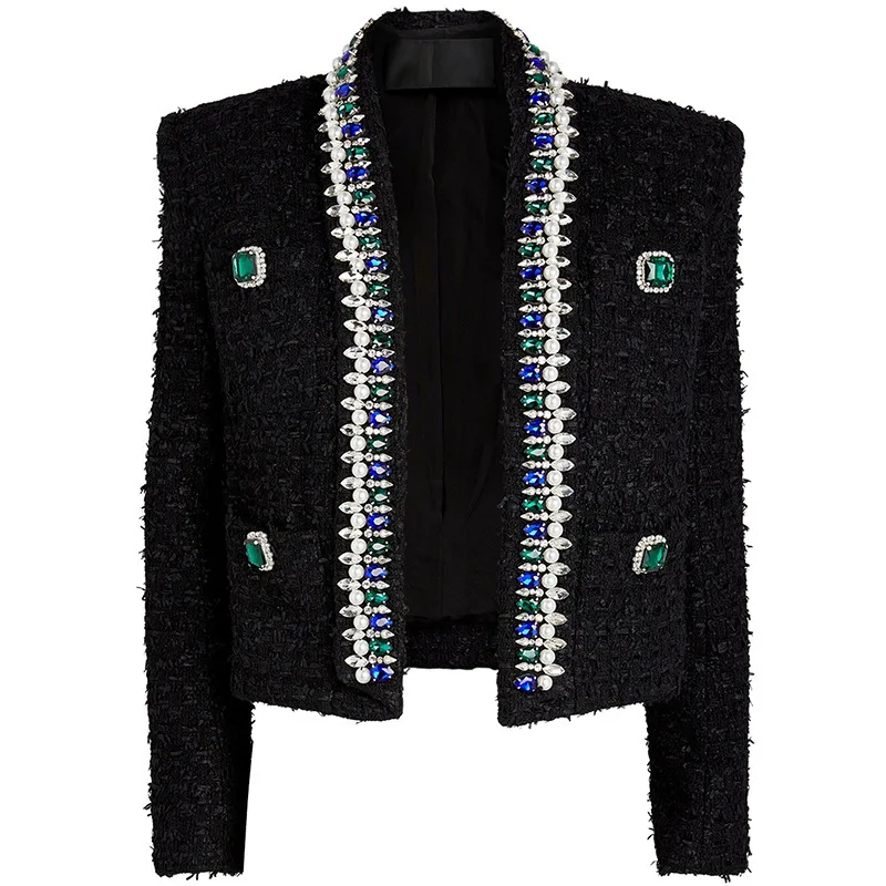 2025 Star Fashion New Heavy Industry Diamond Studded Nail Pearl Green Fruit Neck Short Woolen Jacket Coat