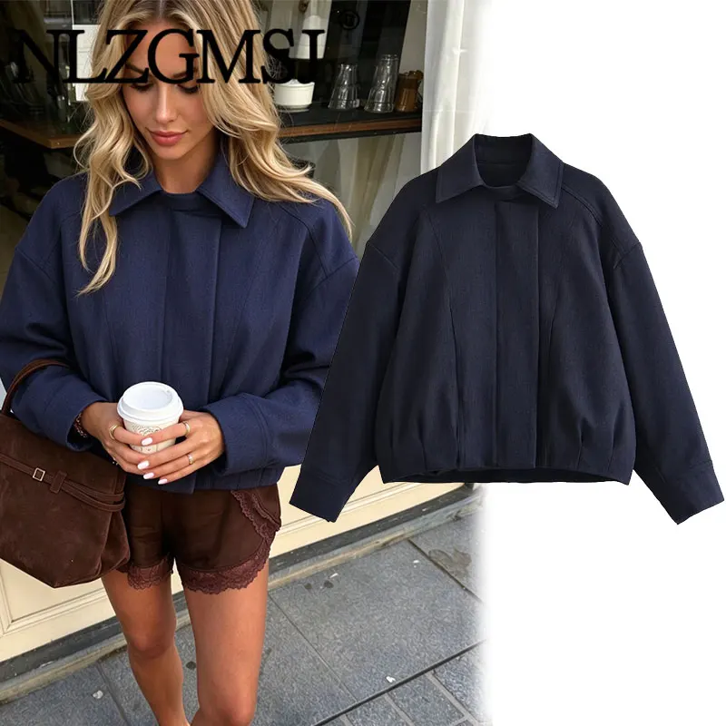 Nlzgmsj 2026 Autumn Women Lapel Collar Cropped Jacket Loose Long Sleeve Pleated Front Casual Outerwear Streetwear