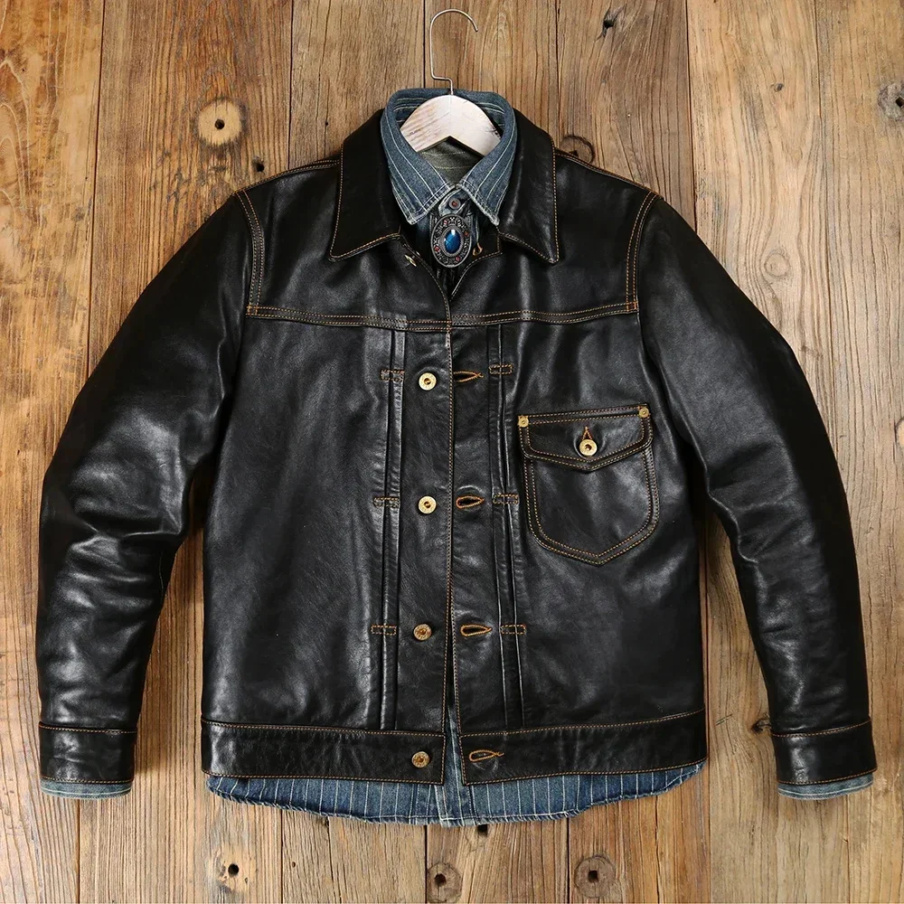 

New 2024 Casual Denim Jacket Kaji Men's Leather Lapel Motorcycle Japanese Retro First Layer Calfskin Jackets