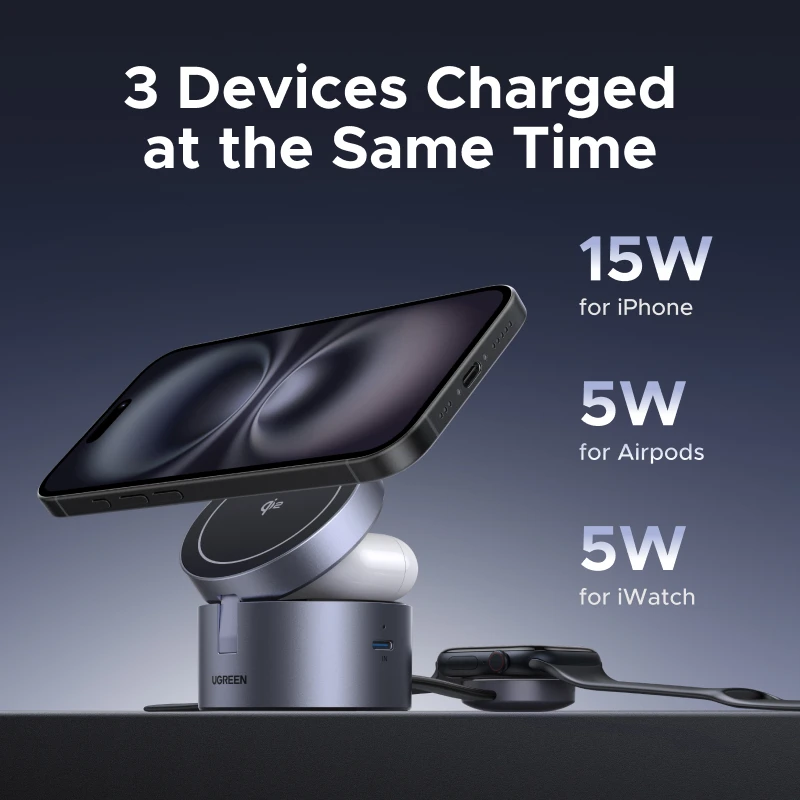 UGREEN Qi2 15W Max شاحن لاسلكي مغناطيسي 3 في 1 حامل شحن سريع شاحن Magsafe لهاتف iPhone 15 16 Pro Max/AirPods #5