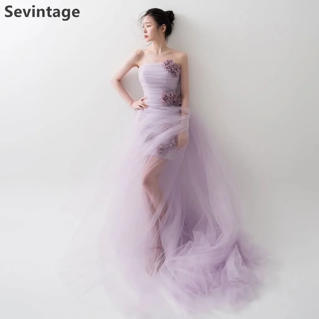 Sevintage 2025 violet clair Tulle corée robe de soirée courte fleurs faites à la main sans bretelles robe de bal mode fête Fown personnalisé