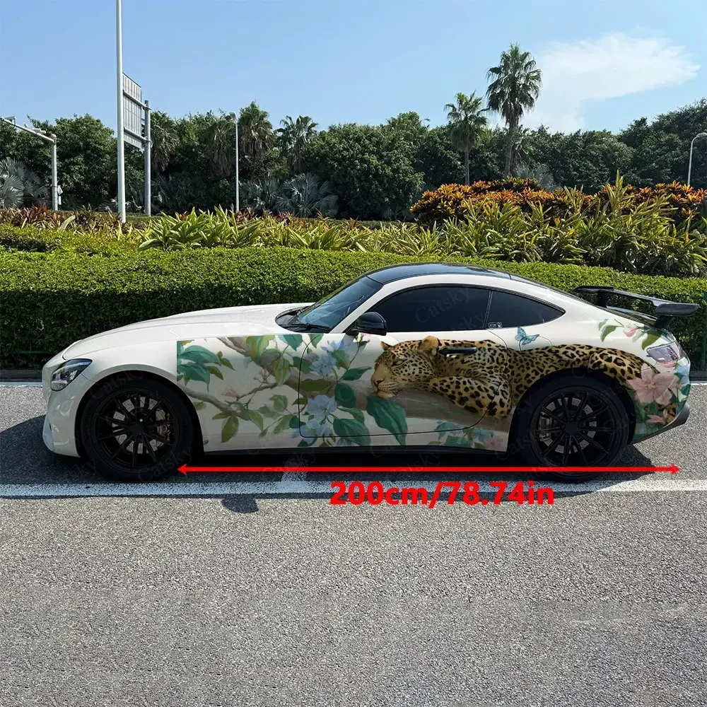 2pcs Leopard In Blossom Spring Realm, Durable, Fade-resistant, Enhance Vehicle Aesthetics With Artistic Design Car Vinyl Wraps