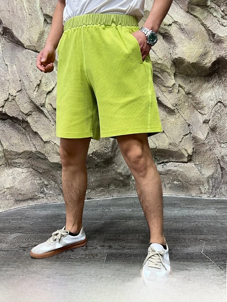  Grid Lazy Style! Washed Waffle Pattern! Summer Loose Straight Casual Outdoor Shorts Men's Standard Fit Bleached Wash