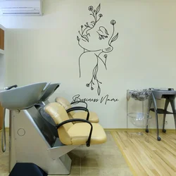 Personalized Business Name Girls Line Art Flower Spa Salon Wall Sticker Vinyl Creative Design Aesthetics Beauty Salon Decal Q035