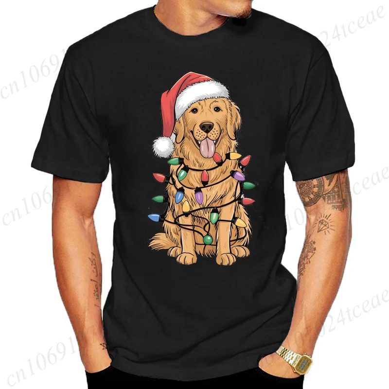 New Men's T-Shirts Christmas Golden Retriever Print T-Shirts Round Neck Short Sleeve Casual T-shirt Happy New Year Dog Shirts