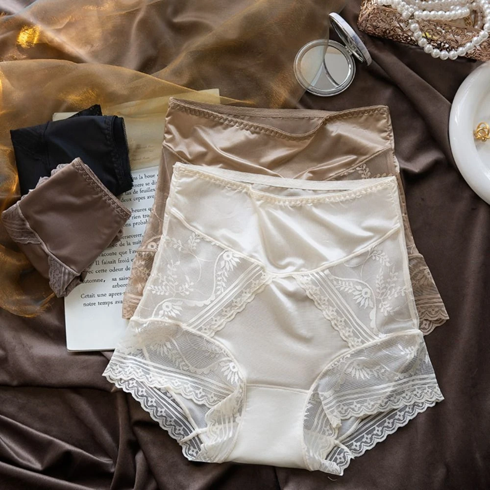 Elastische süße Satin-Eisseidenhöschen, Mesh-Blume, ultradünne Spitze, nahtlose Slips, weiche Baumwolle, Schritt, hohe Taille, Unterwäsche für den Alltag