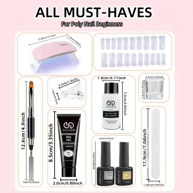 Poly-Gel-Verlängerungswerkzeug-Set, einschließlich 30 ml Reinigungsflüssigkeit, 7,5 ml Grundlack und Decklack, Nagelform, Nagelclip und Nagelbürste