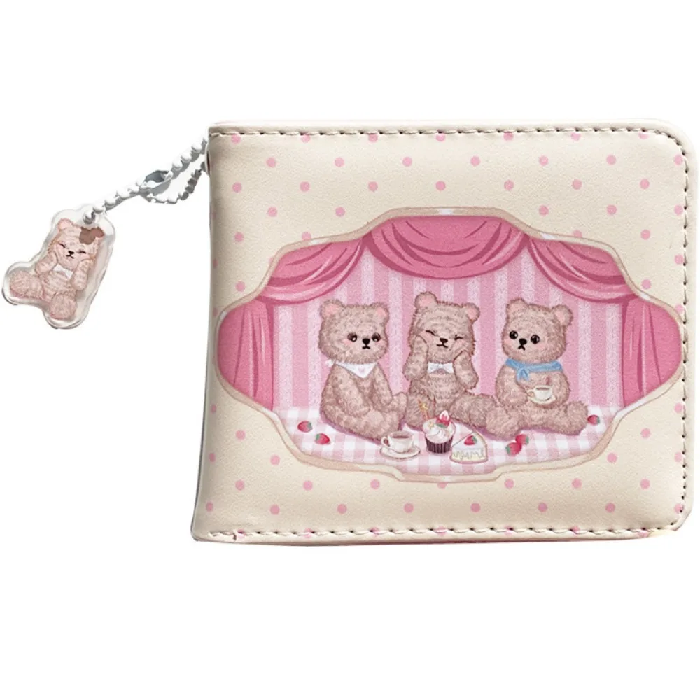 Women Wallet Short PU Purses Simple Bifold Vintage Clutch Thin Women's Small Wallets Teens Girls Cute Bear Money Bag White/pink