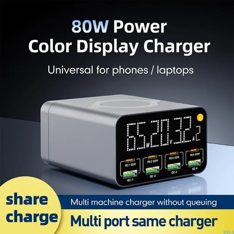 

R91A Universal Basing Base Base Travel с 4 USB и 4 типа C Порт 15W Беспроводная зарядка для до 9 устройств