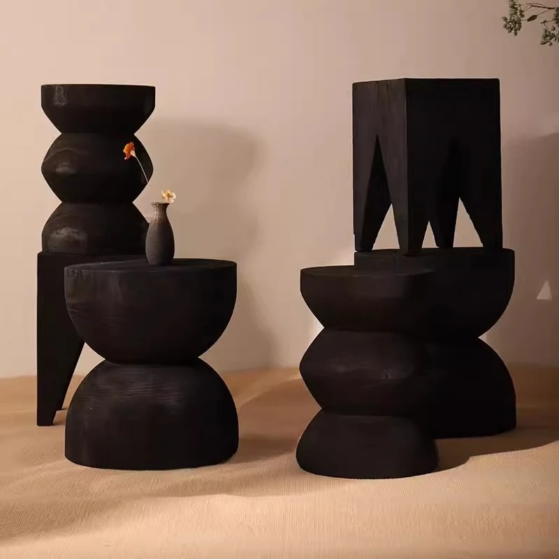 Wabi-Sabi Charred Wood Stool Minimalist Shoe Change Seat Retro B&B Dining Stool Black Sculptural Side Table for Entryway Decor