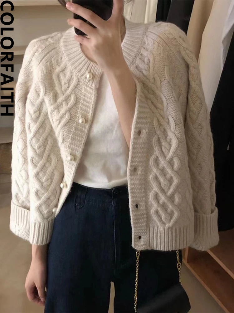 Colorfaith SWC5073JX New 2023 Korean Fashion Chic Short Buttons Cardigans Women Vintage Sweaters Autumn Winter Elegant Tops