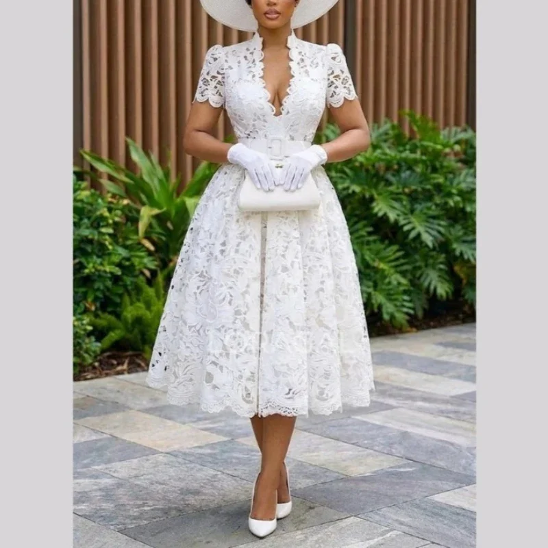 Sexy Lace Midi Dress Women Deep V Neck Short Sleeves High Waist A Line Perfect for Garden Party Wedding and Formal Evening Event