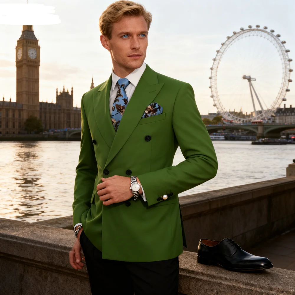 

2 PCS Men's Smart Casual Solid Formal Tuxedo Suits with Shawl Lapel Double Breasted Jacket And Pants for Business And Wedding