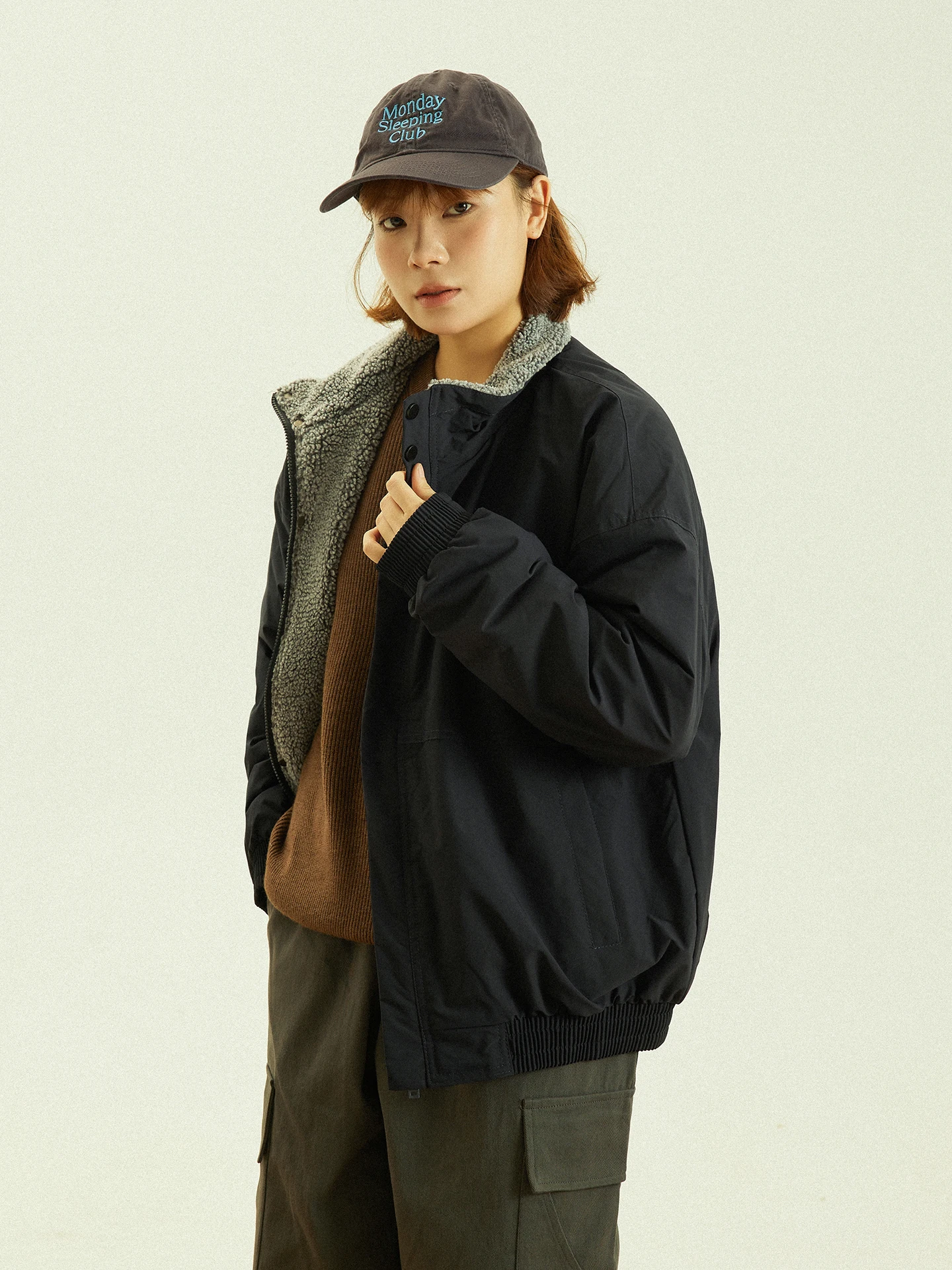 

GoodNorth ex Lamb Fur Collar Cotton Jaet Street Sle Loose Workwear Parka Coat Thiened Long Sve Zipper Closure