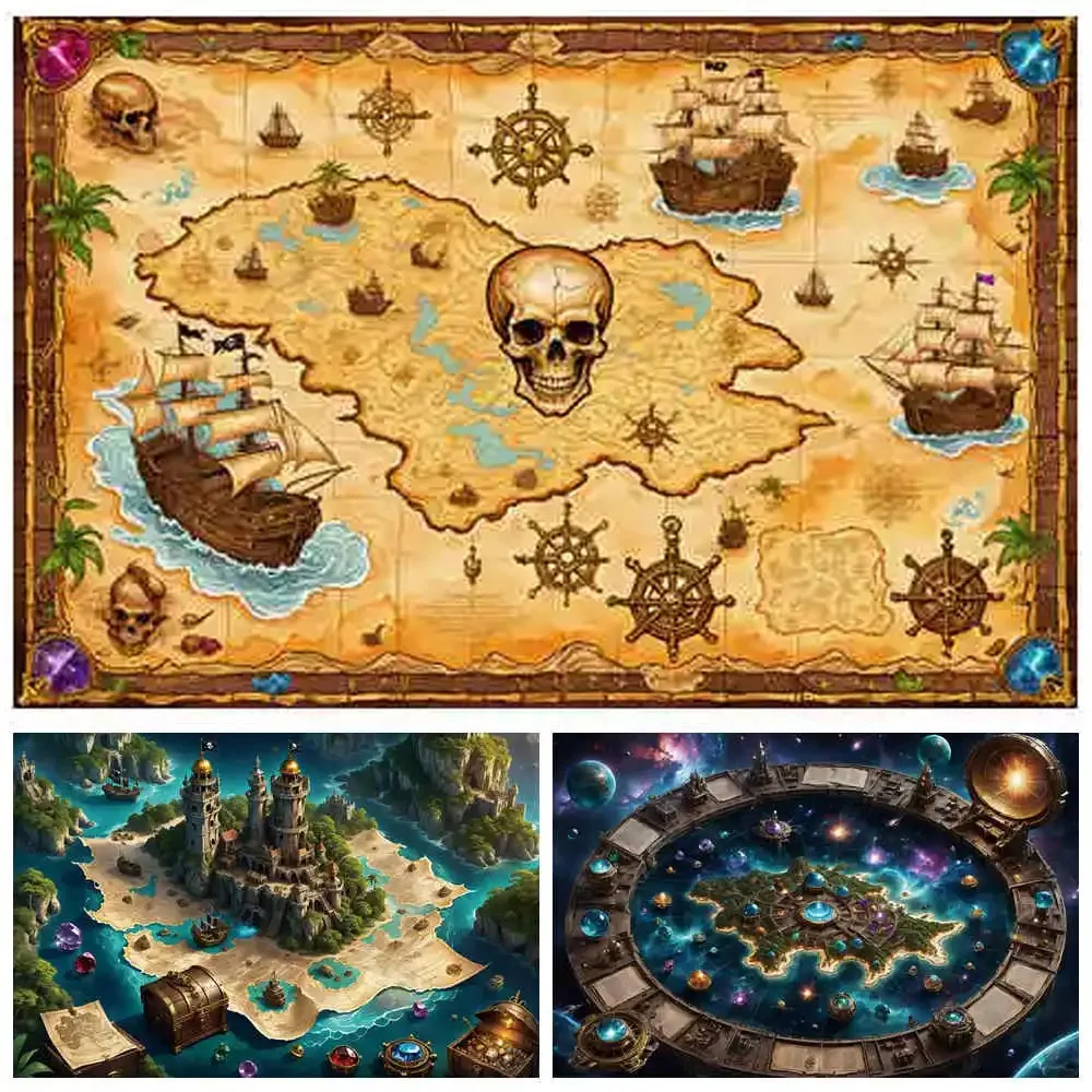 

World Map Pirate Ship Backdrops Boys Birthday Decoration Banner Skull Wheel Treasure Baby Photography Background Shooting Props