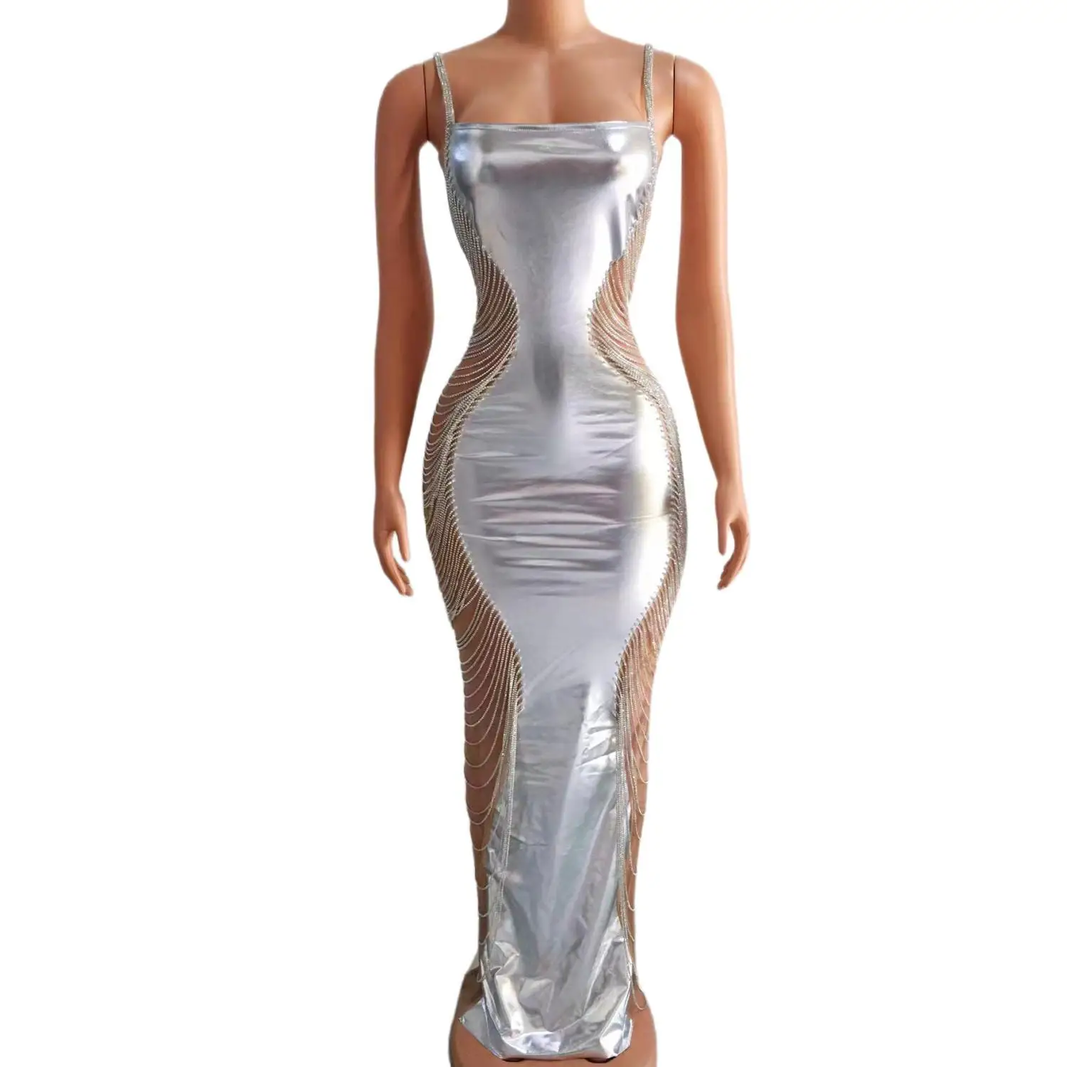 

Yinpi Silver Metallic Bodycon Maxi Dress Spaghetti Strap Rhinestone Tassel Side Cutout Evening Gown for Party Club Performance