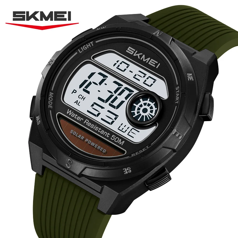 Skmei 2436 Solar Power Mens Sports Watches Fashion Silicone Strap LED Waterproof Chronograph Digital Military Alarm Clock